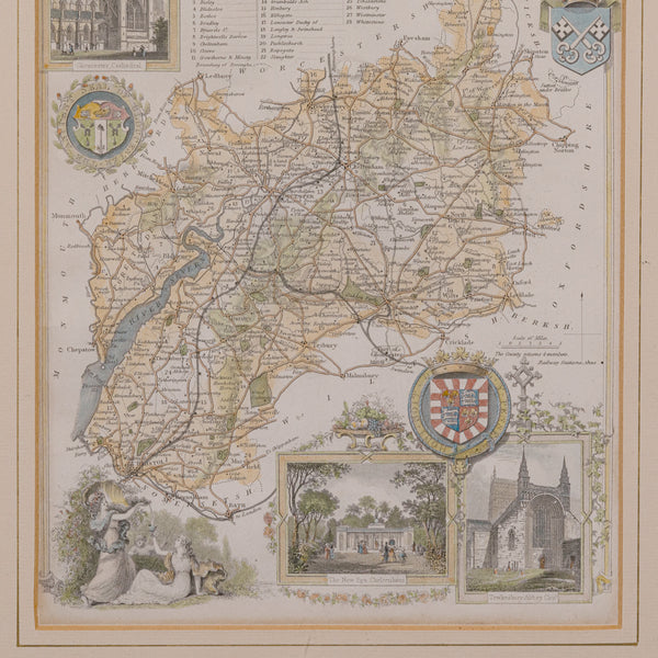 Antique Lithography Map, Gloucestershire, English, Framed Engraving, Cartography