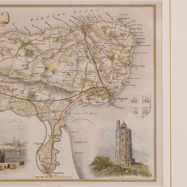 Antique Lithography Map, Isle of Thanet, Kent, English, Cartography, Victorian