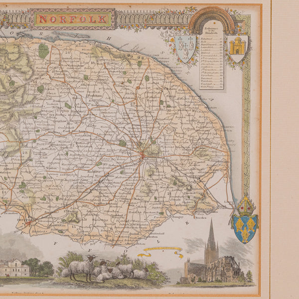 Antique County Map, Norfolk, English, Framed Lithography, Cartography, Victorian