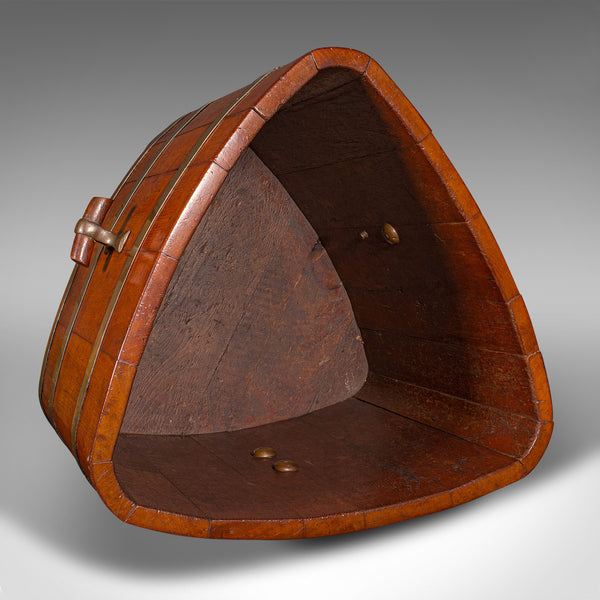 Antique Triangular Fireside Bin, English, Walnut, Brass, Store, Early Victorian