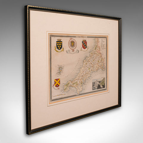Antique Lithography Map, Cornwall, English Framed Engraving, Cartography, C.1850