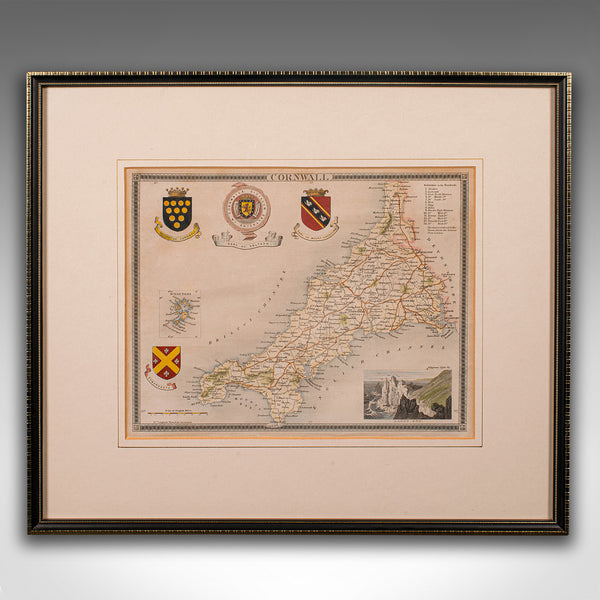 Antique Lithography Map, Cornwall, English Framed Engraving, Cartography, C.1850