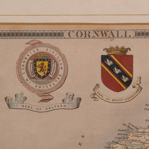 Antique Lithography Map, Cornwall, English Framed Engraving, Cartography, C.1850