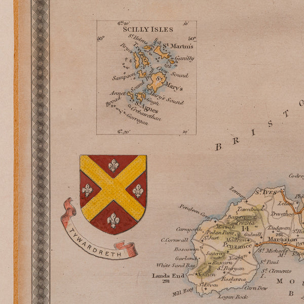 Antique Lithography Map, Cornwall, English Framed Engraving, Cartography, C.1850