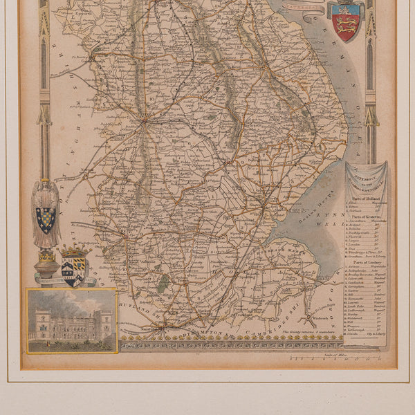 Antique Lithography Map, Lincolnshire, English, Framed, Engraving, Cartography