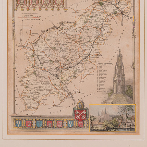 Antique Lithography Map, Northamptonshire, English, Framed Cartography, C.1860