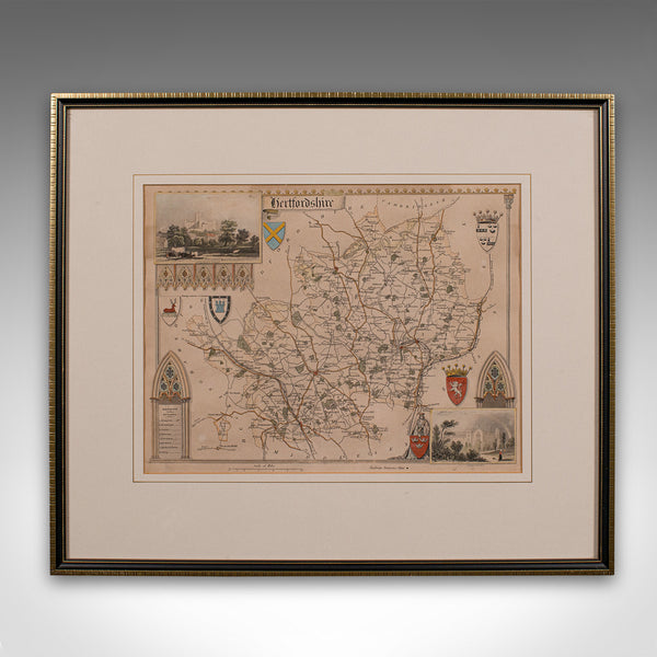 Antique Lithography Map, Hertfordshire, English, Framed Engraving, Cartography