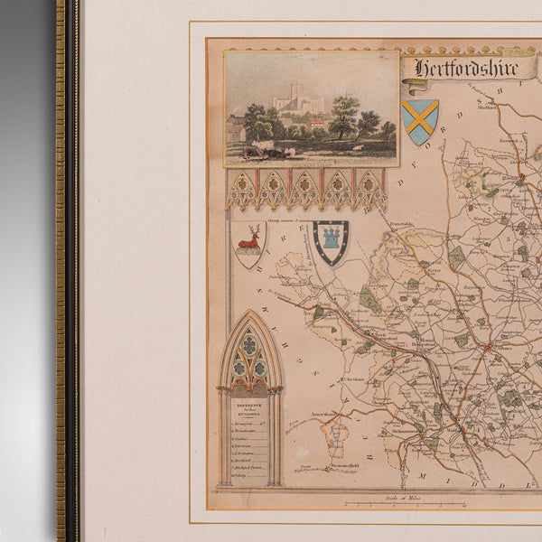 Antique Lithography Map, Hertfordshire, English, Framed Engraving, Cartography