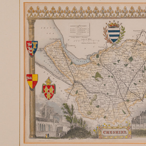 Antique Lithography Map of Cheshire, English, Framed, Cartography, Victorian