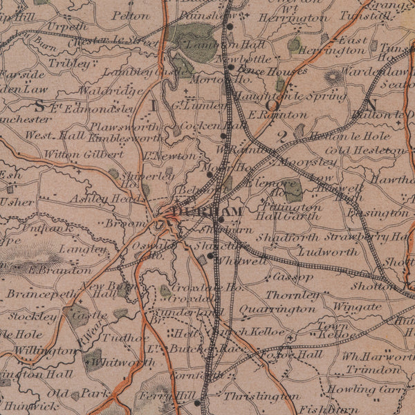 Antique Lithography Map, County Durham, English, Framed Cartography, Victorian