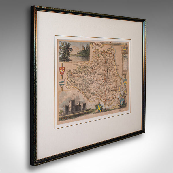 Antique Lithography Map, County Durham, English, Framed Cartography, Victorian