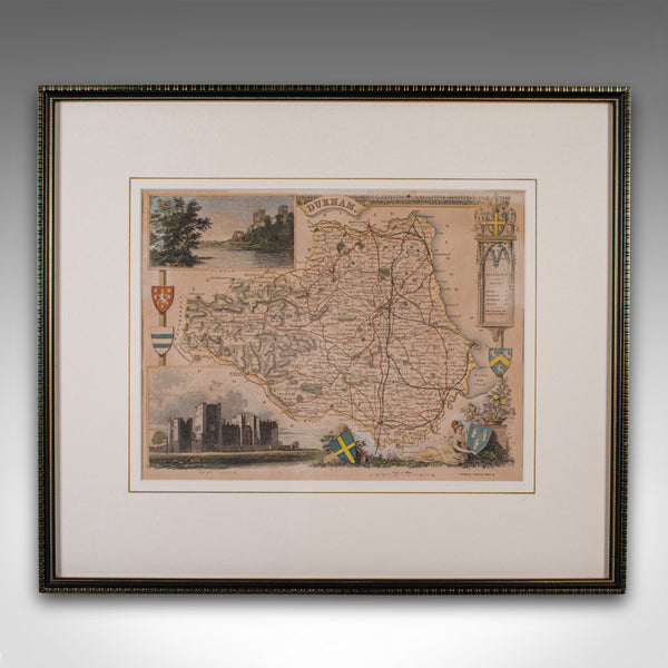 Antique Lithography Map, County Durham, English, Framed Cartography, Victorian