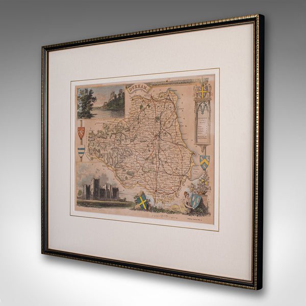 Antique Lithography Map, County Durham, English, Framed Cartography, Victorian