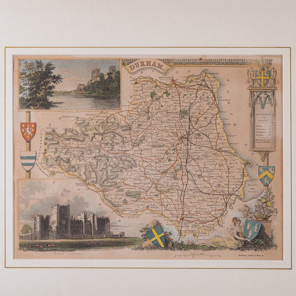 Antique Lithography Map, County Durham, English, Framed Cartography, Victorian