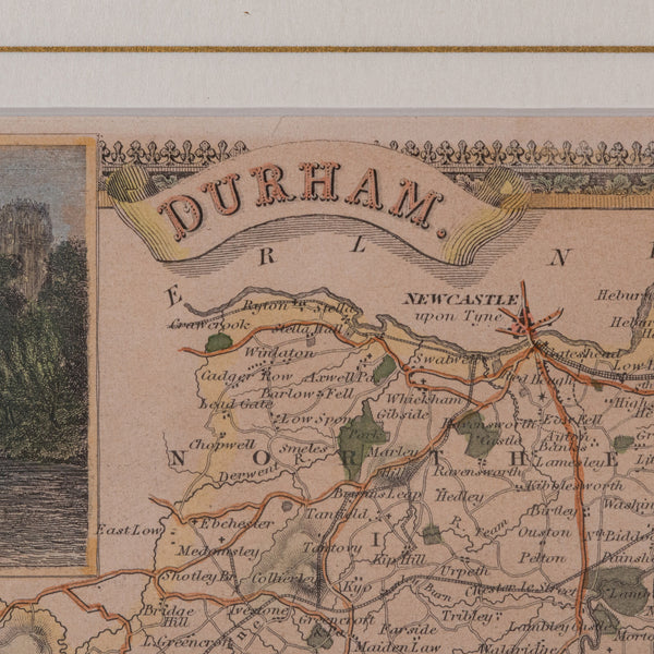 Antique Lithography Map, County Durham, English, Framed Cartography, Victorian