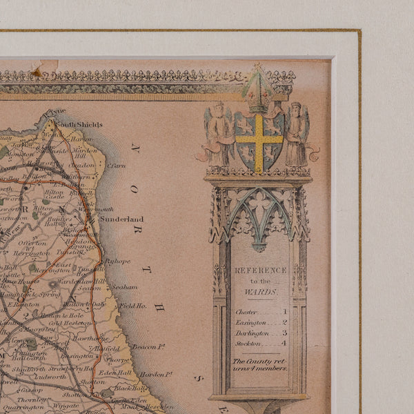 Antique Lithography Map, County Durham, English, Framed Cartography, Victorian