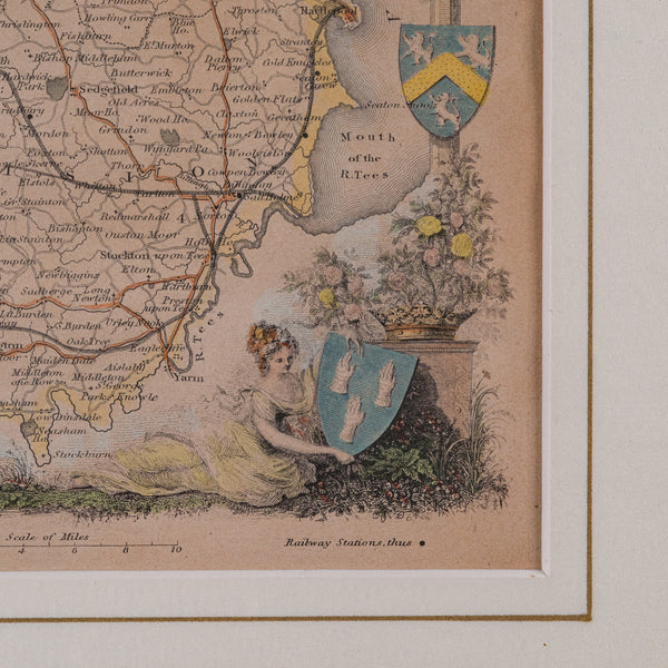 Antique Lithography Map, County Durham, English, Framed Cartography, Victorian