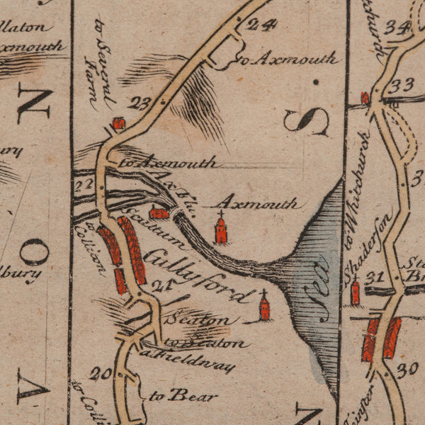 Antique Coach Road Map, East Devon, English, Framed, Cartography, Georgian, 1720