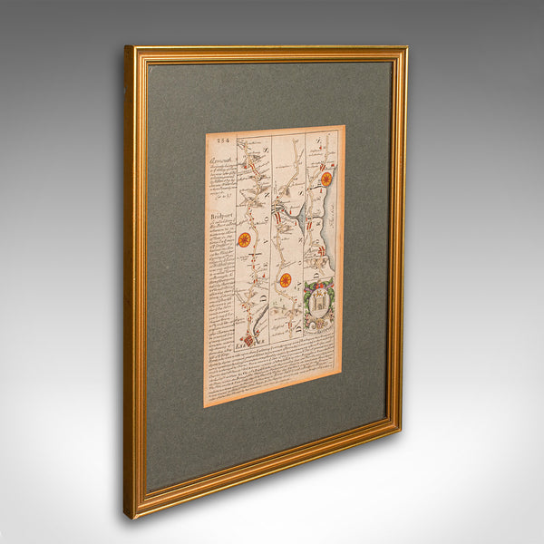 Antique Coach Road Map, East Devon, English, Framed, Cartography, Georgian, 1720