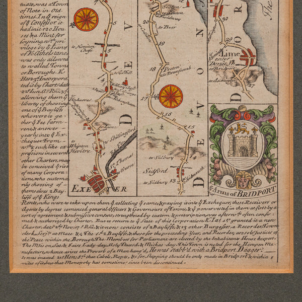 Antique Coach Road Map, East Devon, English, Framed, Cartography, Georgian, 1720