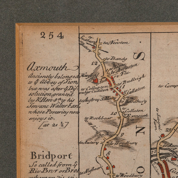 Antique Coach Road Map, East Devon, English, Framed, Cartography, Georgian, 1720