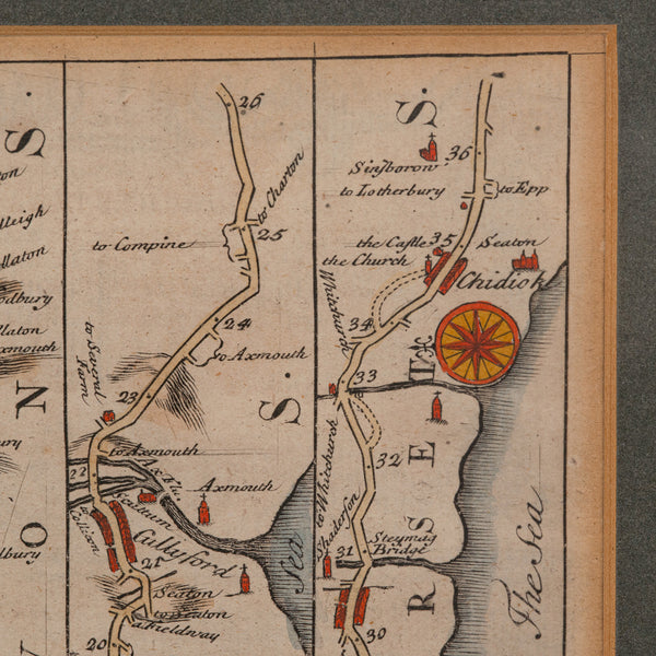 Antique Coach Road Map, East Devon, English, Framed, Cartography, Georgian, 1720