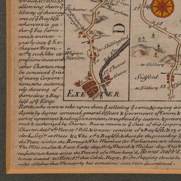 Antique Coach Road Map, East Devon, English, Framed, Cartography, Georgian, 1720