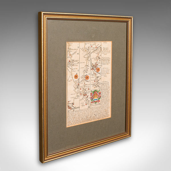 Antique Coaching Road Map, South Devon, English, Framed, Cartography, Georgian