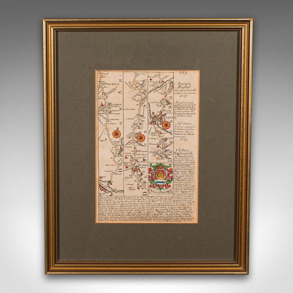 Antique Coaching Road Map, South Devon, English, Framed, Cartography, Georgian