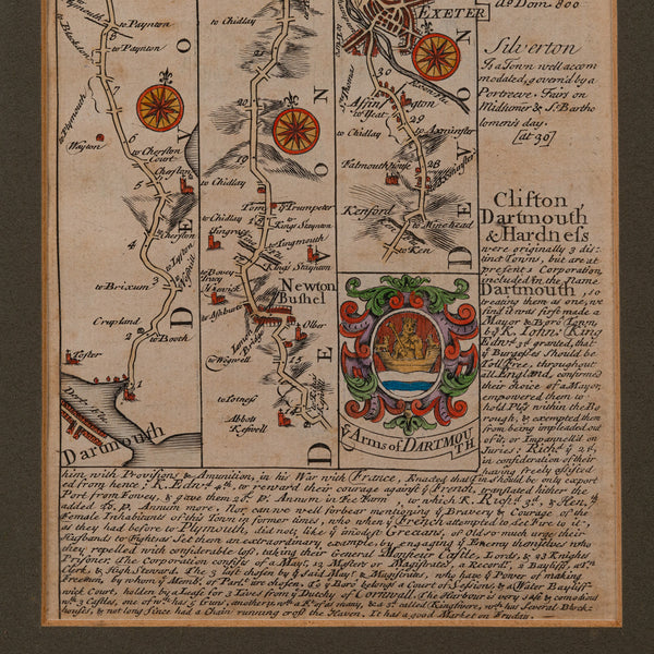 Antique Coaching Road Map, South Devon, English, Framed, Cartography, Georgian