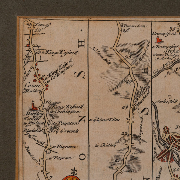 Antique Coaching Road Map, South Devon, English, Framed, Cartography, Georgian