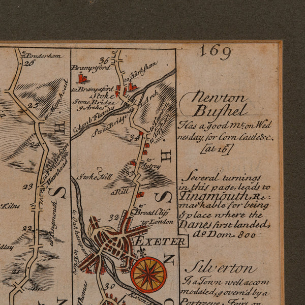 Antique Coaching Road Map, South Devon, English, Framed, Cartography, Georgian