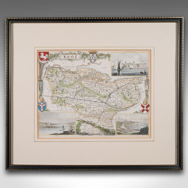 Antique County Map, Kent, English, Framed, Lithography, Cartography, Victorian