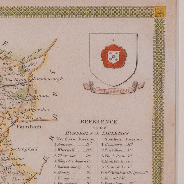 Antique Lithography Map, Hampshire, England, Framed Cartography, Victorian, 1850