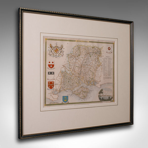 Antique Lithography Map, Hampshire, England, Framed Cartography, Victorian, 1850