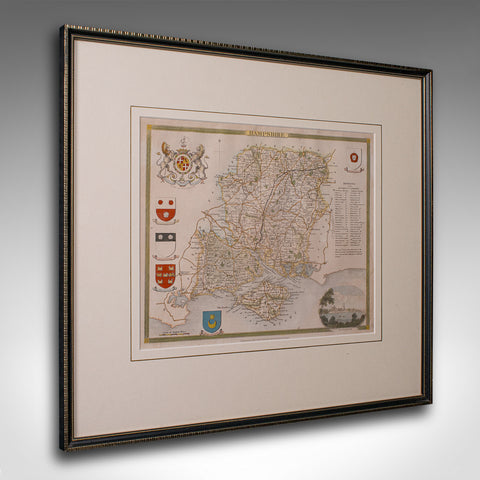 Antique Lithography Map, Hampshire, England, Framed Cartography, Victorian, 1850