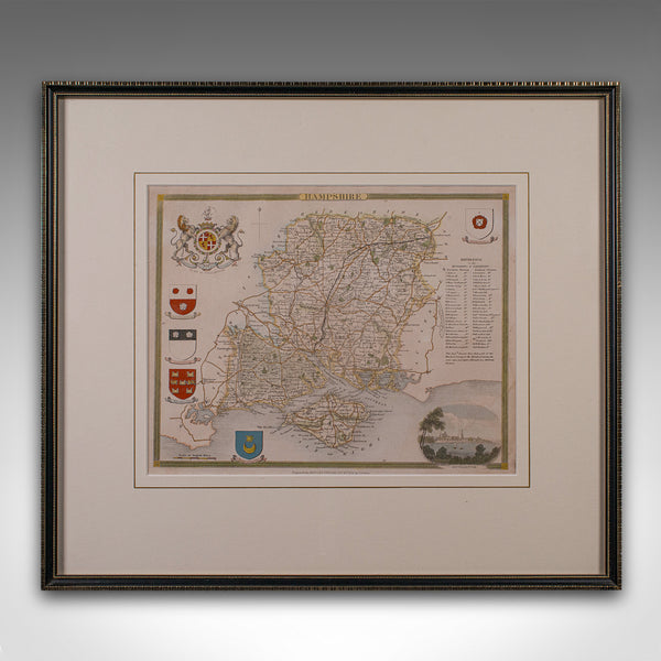 Antique Lithography Map, Hampshire, England, Framed Cartography, Victorian, 1850