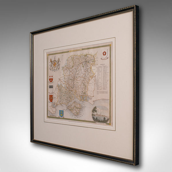 Antique Lithography Map, Hampshire, England, Framed Cartography, Victorian, 1850