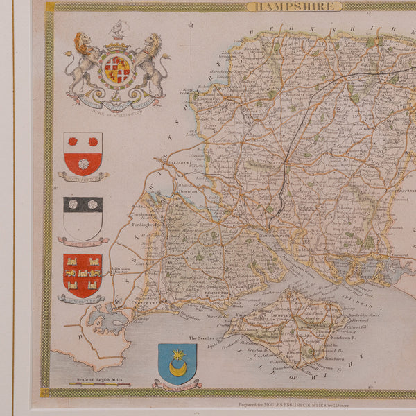 Antique Lithography Map, Hampshire, England, Framed Cartography, Victorian, 1850