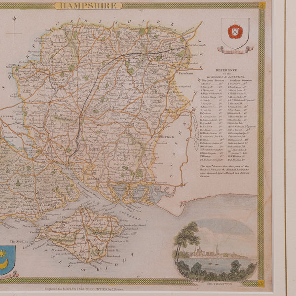 Antique Lithography Map, Hampshire, England, Framed Cartography, Victorian, 1850