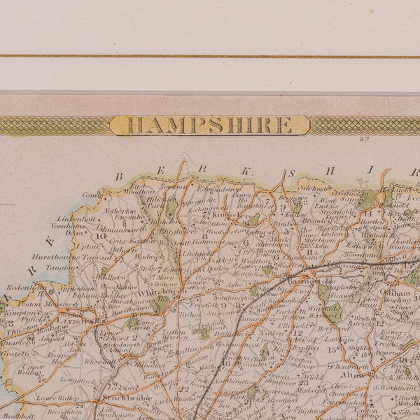 Antique Lithography Map, Hampshire, England, Framed Cartography, Victorian, 1850