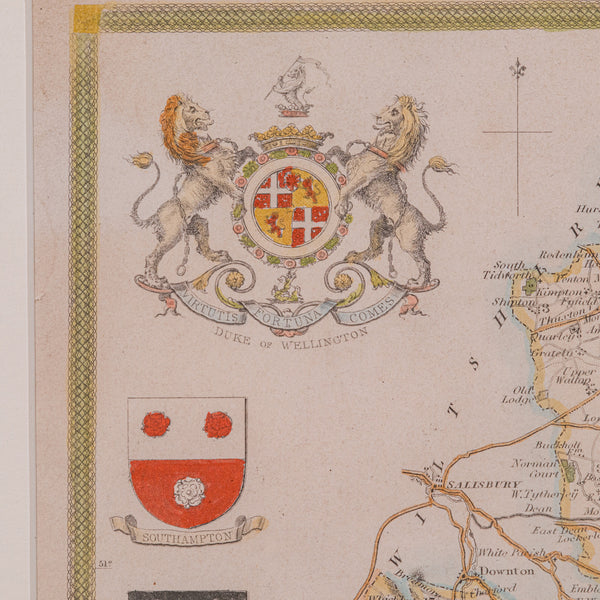 Antique Lithography Map, Hampshire, England, Framed Cartography, Victorian, 1850
