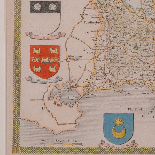 Antique Lithography Map, Hampshire, England, Framed Cartography, Victorian, 1850