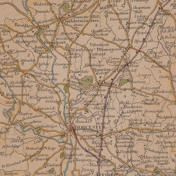 Antique Lithography Map, Worcestershire, English, Framed Engraving, Cartography
