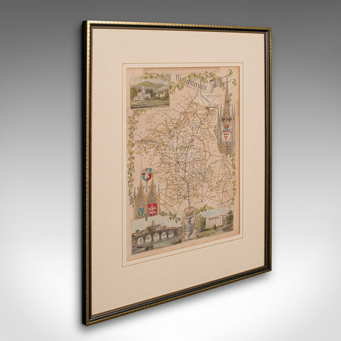 Antique Lithography Map, Worcestershire, English, Framed Engraving, Cartography