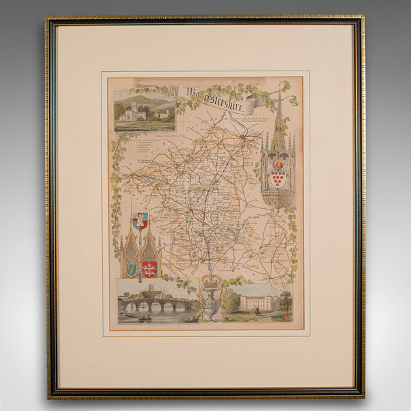 Antique Lithography Map, Worcestershire, English, Framed Engraving, Cartography