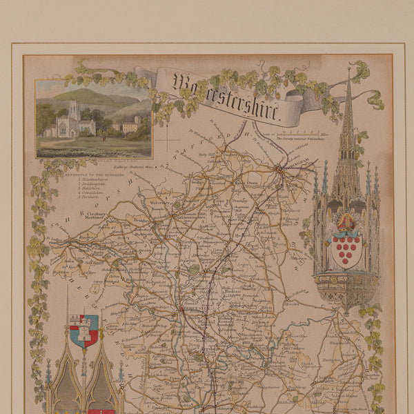 Antique Lithography Map, Worcestershire, English, Framed Engraving, Cartography