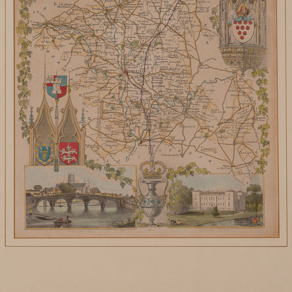 Antique Lithography Map, Worcestershire, English, Framed Engraving, Cartography