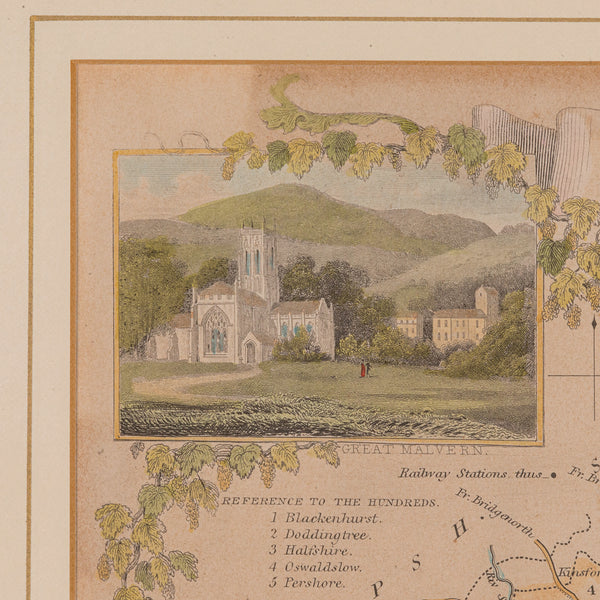 Antique Lithography Map, Worcestershire, English, Framed Engraving, Cartography