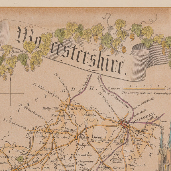 Antique Lithography Map, Worcestershire, English, Framed Engraving, Cartography